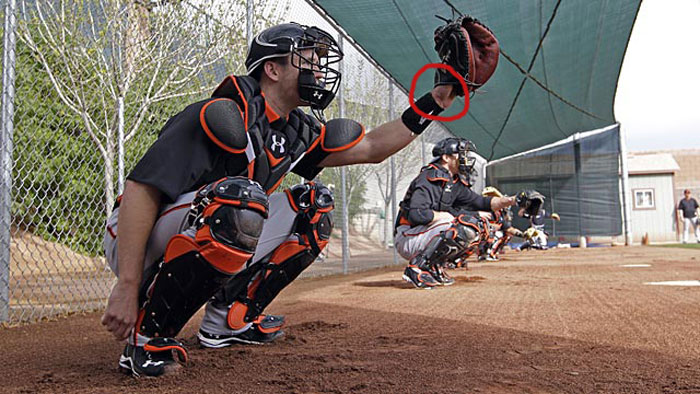 Giants' catcher Buster Posey showing palm