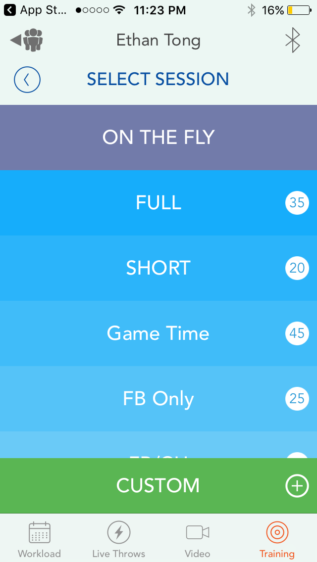 Motus Throw app, Training screen